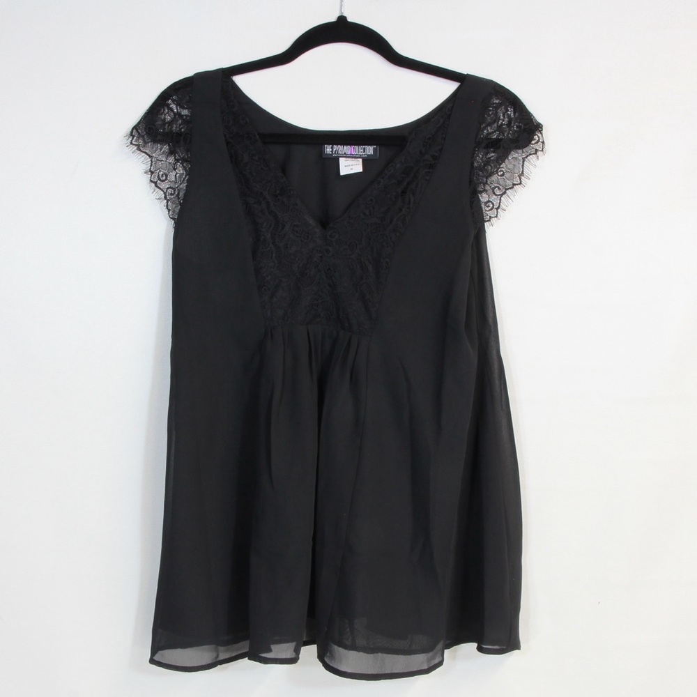 The Pyramid Collection Sleeveless Black Lace & Chiffon Flared Tunic Blouse NWOT
